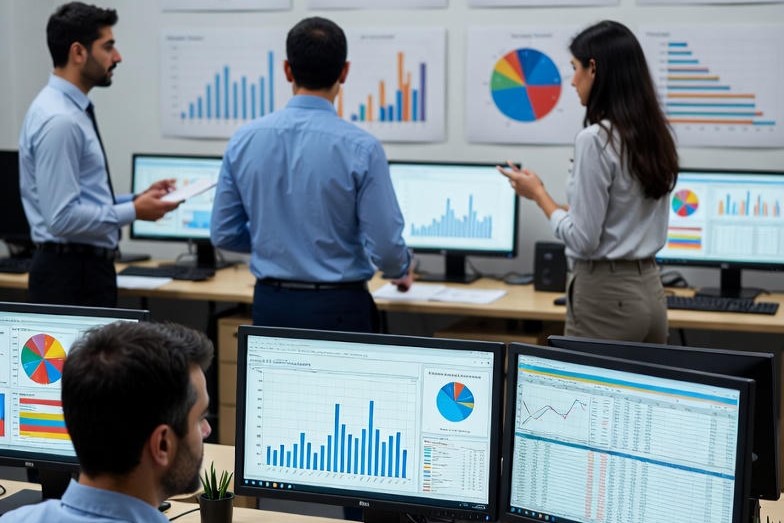 جلسه تحلیل اقتصادی با نمودارهای سهبعدی و تیم متخصص ایرانی